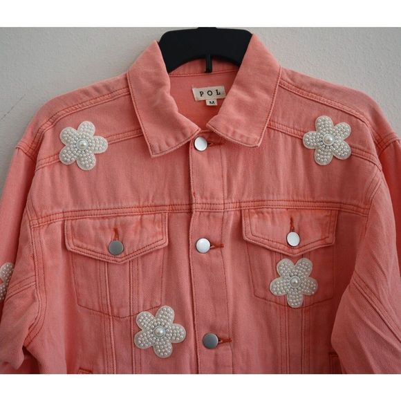 POL SMJ302A Women's Sz Medium Neon Papaya Beaded Pearl Daisy Denim Jacket - Picture 6 of 10
